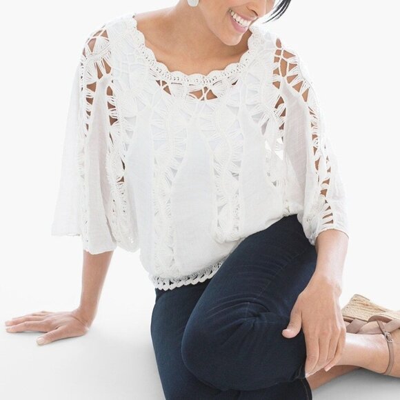 Chico's Tops - Chico's Maria Macrame White Woven Crochet Shirt Chico's 3 Size XL Boho Cottage